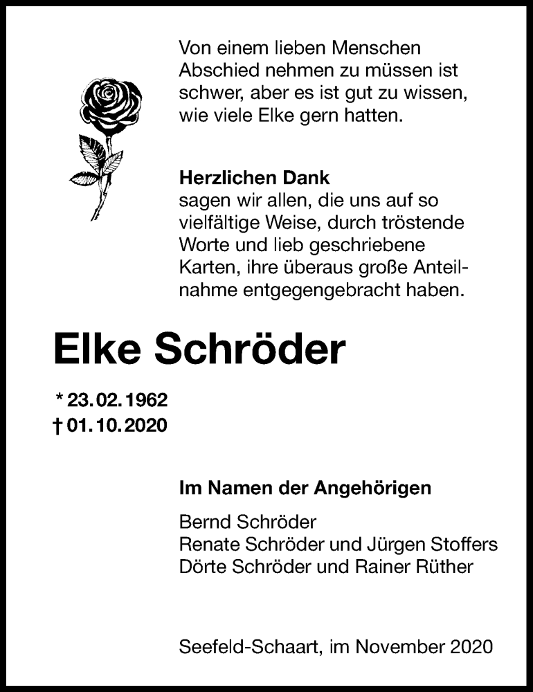  Traueranzeige für Elke Schröder vom 25.11.2020 aus Nordwest-Zeitung