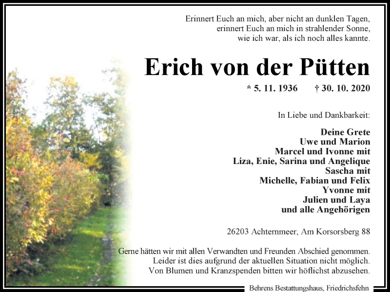  Traueranzeige für Erich von der Pütten vom 04.11.2020 aus Nordwest-Zeitung