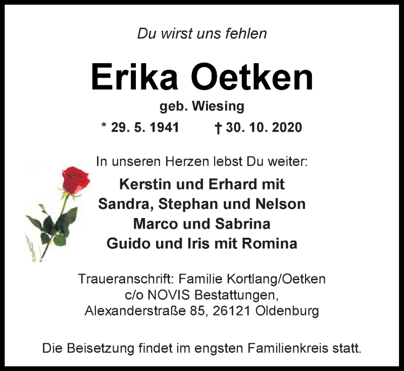  Traueranzeige für Erika Oetken vom 04.11.2020 aus Nordwest-Zeitung