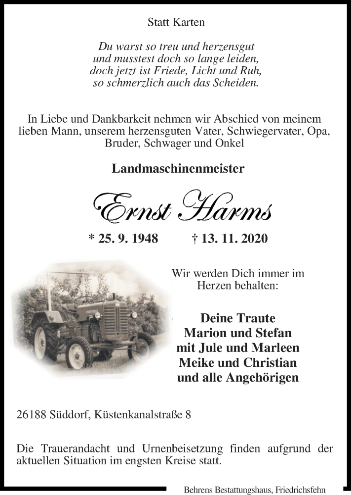  Traueranzeige für Ernst Harms vom 20.11.2020 aus Nordwest-Zeitung