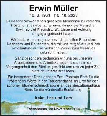Traueranzeige von Erwin Müller von Nordwest-Zeitung
