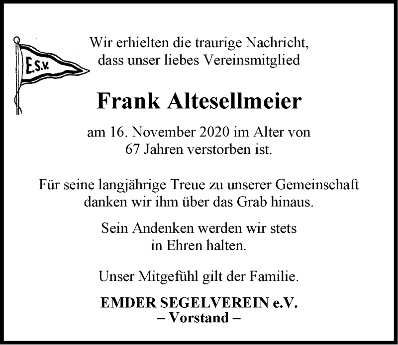  Traueranzeige für Frank Altesellmeier vom 24.11.2020 aus Emder Zeitung