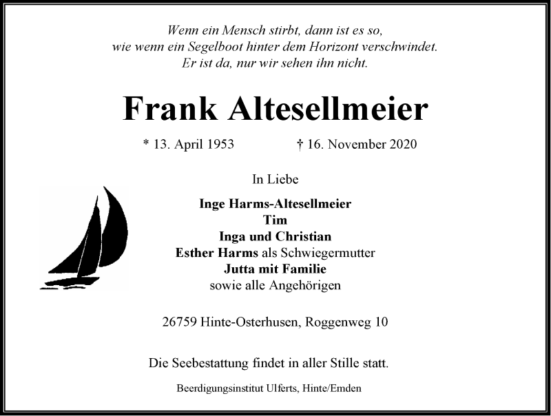  Traueranzeige für Frank Altsesellmeier vom 20.11.2020 aus Emder Zeitung