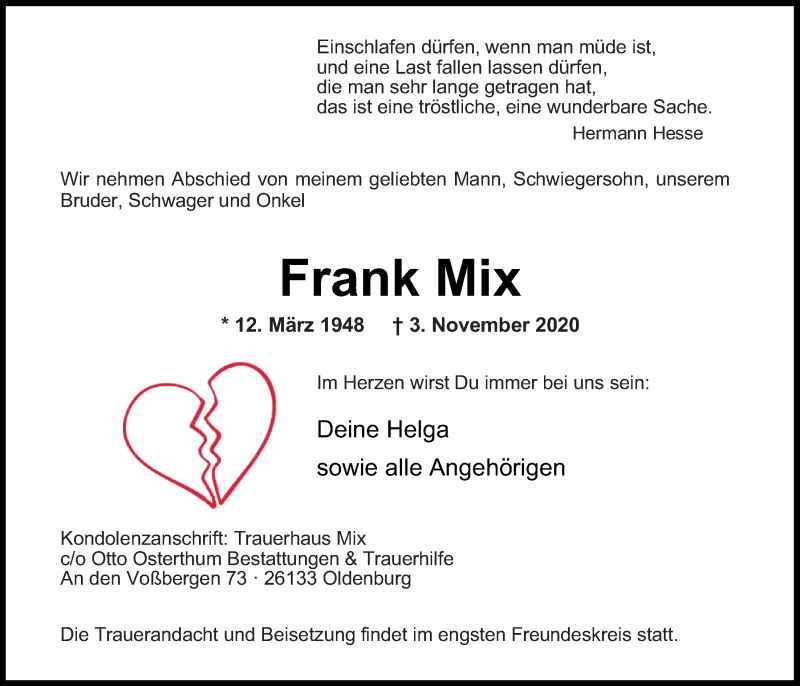  Traueranzeige für Frank Mix vom 07.11.2020 aus Nordwest-Zeitung
