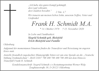 Traueranzeige von Frank Schmidt von Nordwest-Zeitung