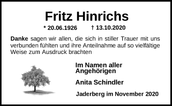 Traueranzeige von Fritz Hinrichs von Nordwest-Zeitung