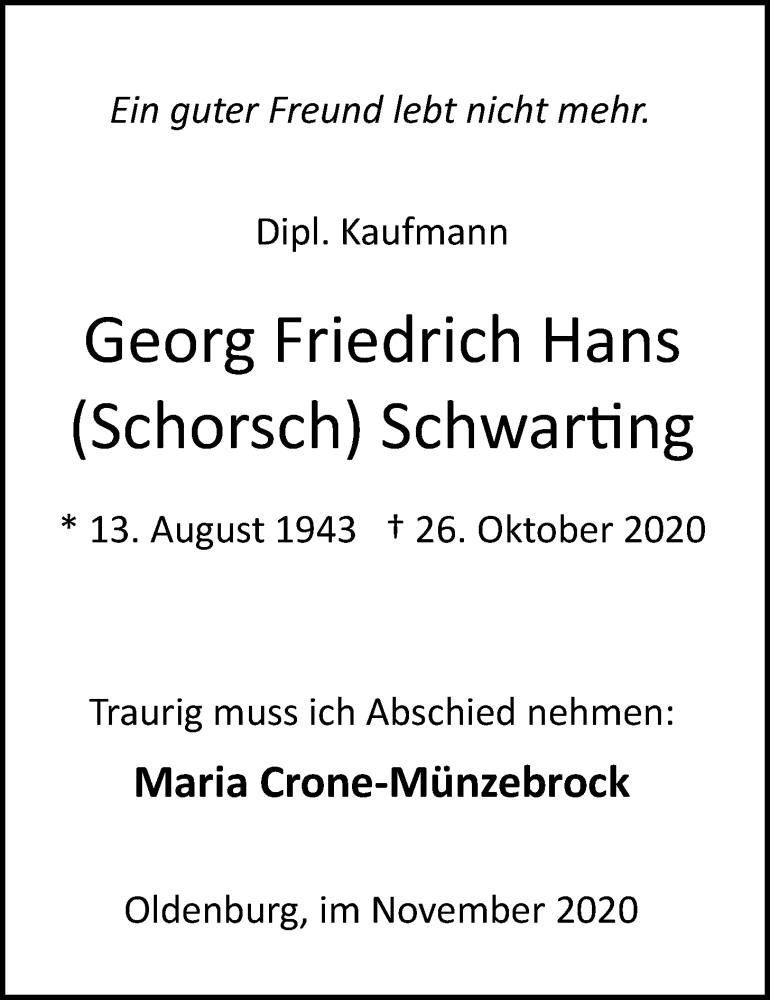  Traueranzeige für Georg Schwarting vom 03.11.2020 aus Nordwest-Zeitung