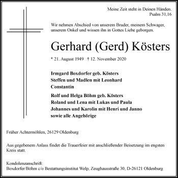 Traueranzeige von Gerhard (Gerd) Kösters von Nordwest-Zeitung
