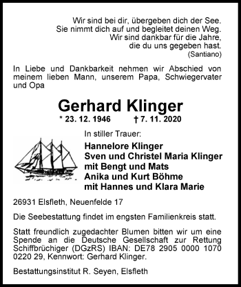 Traueranzeige von Gerhard Klinger von Nordwest-Zeitung