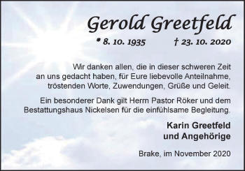 Traueranzeige von Gerold Greetfeld von Nordwest-Zeitung