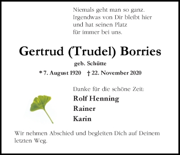 Traueranzeige von Gertrud (Trudel) Borries von Nordwest-Zeitung