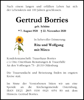 Traueranzeige von Gertrud Borries von Nordwest-Zeitung