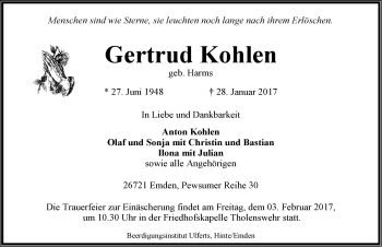 Traueranzeige von Gertrud Kohlen von Emder Zeitung
