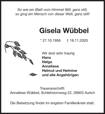 Traueranzeige von Gisela Wübbel von Emder Zeitung