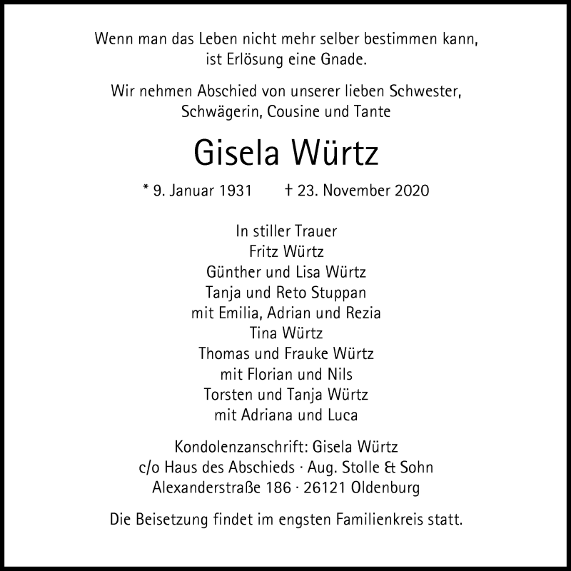  Traueranzeige für Gisela Würtz vom 28.11.2020 aus Nordwest-Zeitung