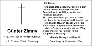 Traueranzeige von Günter Zimny von Nordwest-Zeitung