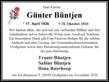 Traueranzeige von Günther Büntjen von Nordwest-Zeitung