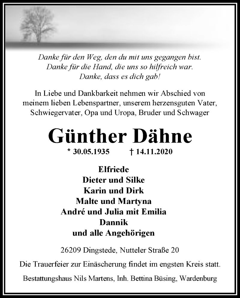  Traueranzeige für Günther Dähne vom 17.11.2020 aus Nordwest-Zeitung