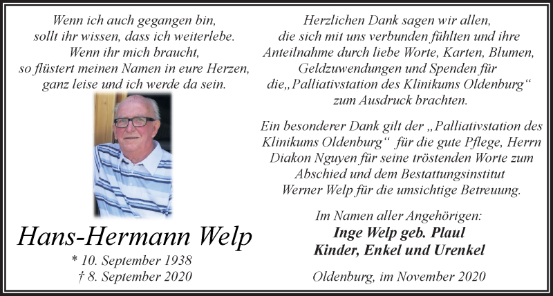  Traueranzeige für Hans-Hermann Welp vom 14.11.2020 aus Nordwest-Zeitung