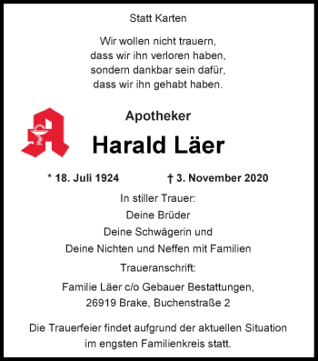 Traueranzeige von Harald Läer von Nordwest-Zeitung