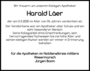 Traueranzeige von Harald Läer von Nordwest-Zeitung