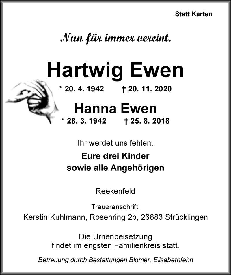  Traueranzeige für Hartwig Ewen vom 21.11.2020 aus Nordwest-Zeitung