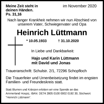 Traueranzeige von Heinrich Lüttmann von Nordwest-Zeitung