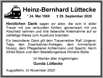 Traueranzeige von Heinz-Bernhard Lüttecke von Nordwest-Zeitung