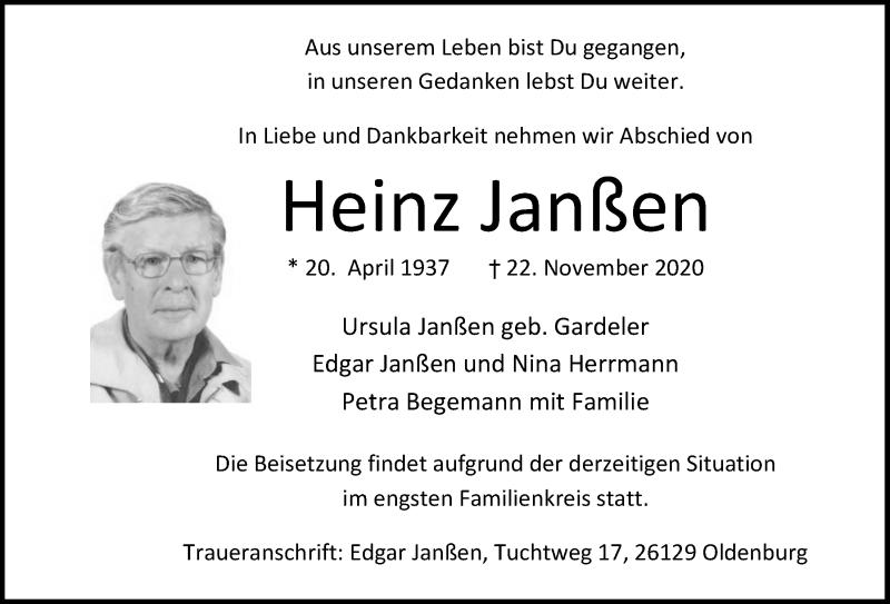  Traueranzeige für Heinz Janßen vom 25.11.2020 aus Nordwest-Zeitung