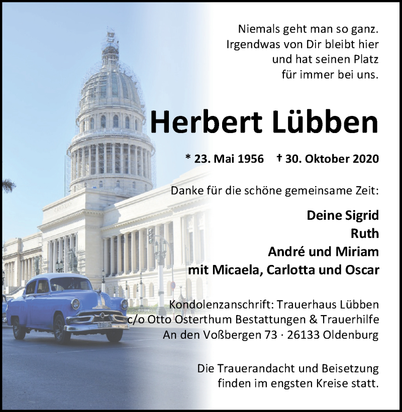 Traueranzeige für Herbert Lübben vom 07.11.2020 aus Nordwest-Zeitung