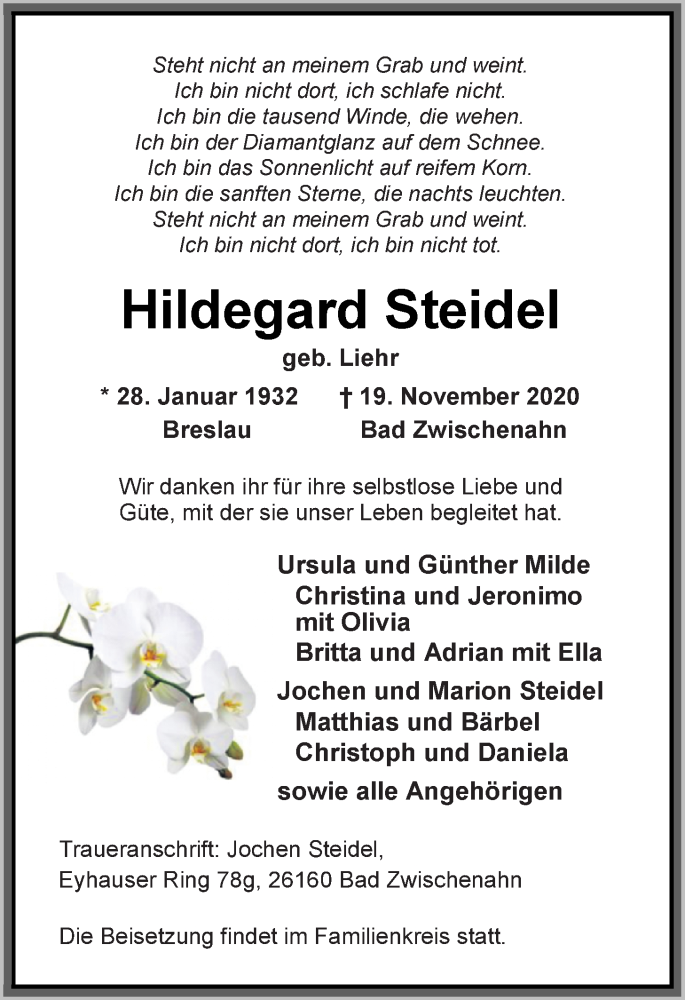  Traueranzeige für Hildegard Steidel vom 24.11.2020 aus Nordwest-Zeitung