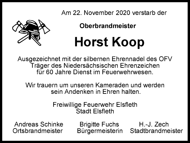  Traueranzeige für Horst Koop vom 25.11.2020 aus Nordwest-Zeitung