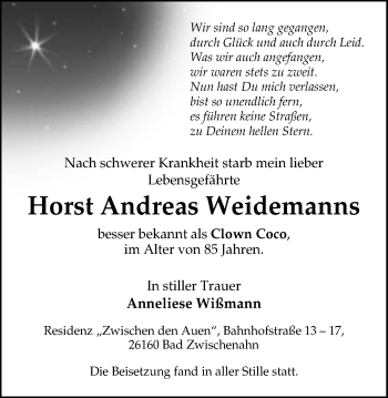 Traueranzeige von Horst Andreas Weidemanns von Nordwest-Zeitung