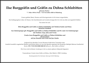 Traueranzeige von Ilse Gräfin zu Dohna von Nordwest-Zeitung