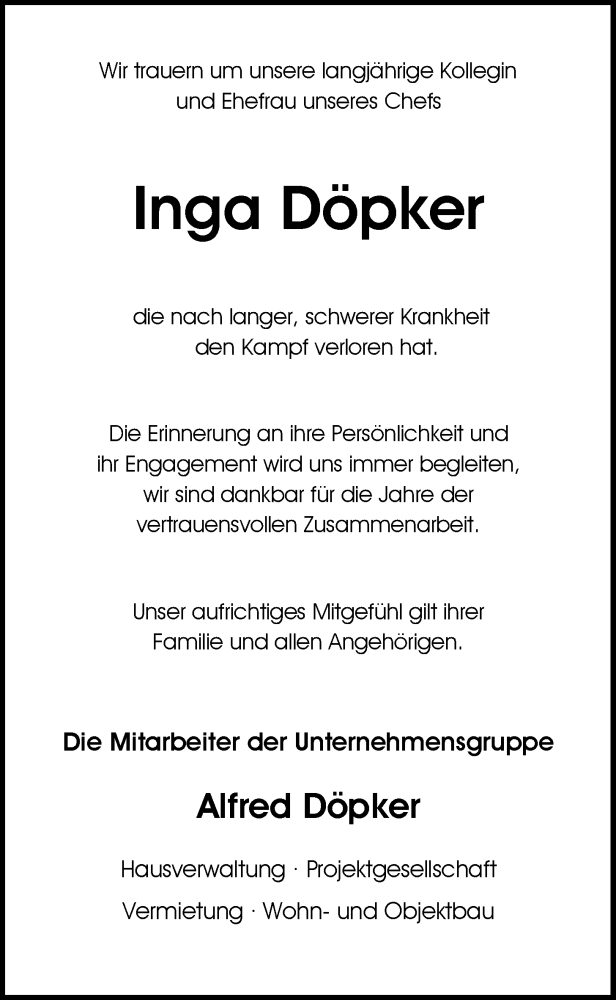  Traueranzeige für Inga Döpker vom 21.11.2020 aus Nordwest-Zeitung