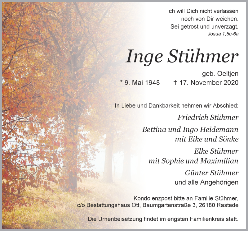  Traueranzeige für Inge Stühmer vom 21.11.2020 aus Nordwest-Zeitung