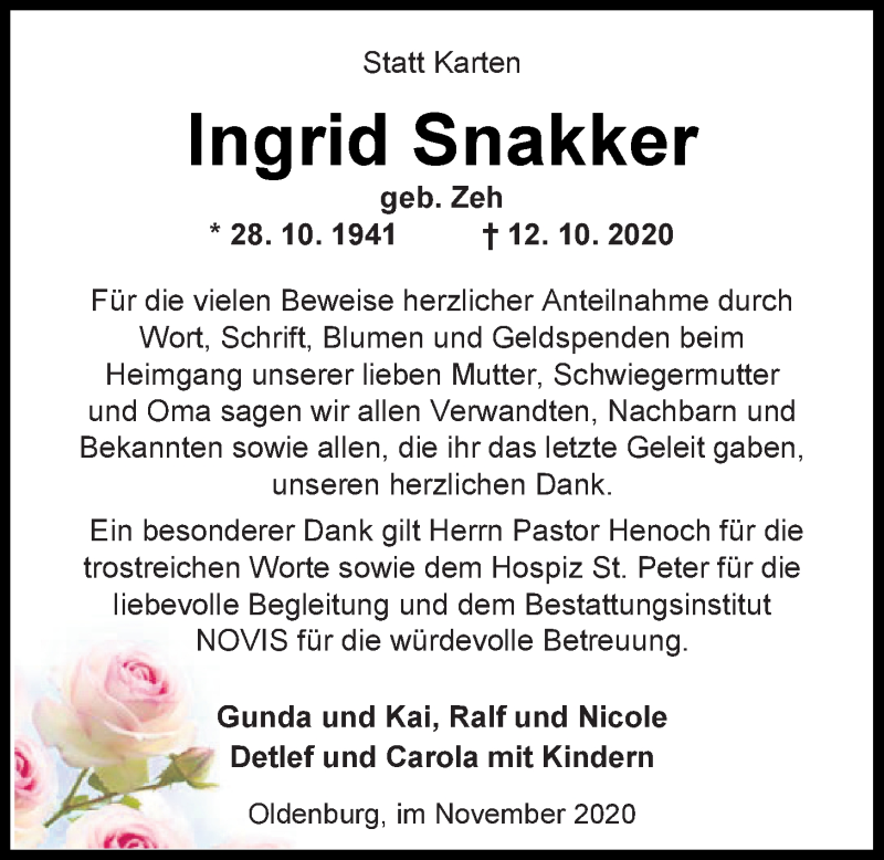 Traueranzeige für Ingrid Snakker vom 21.11.2020 aus Nordwest-Zeitung
