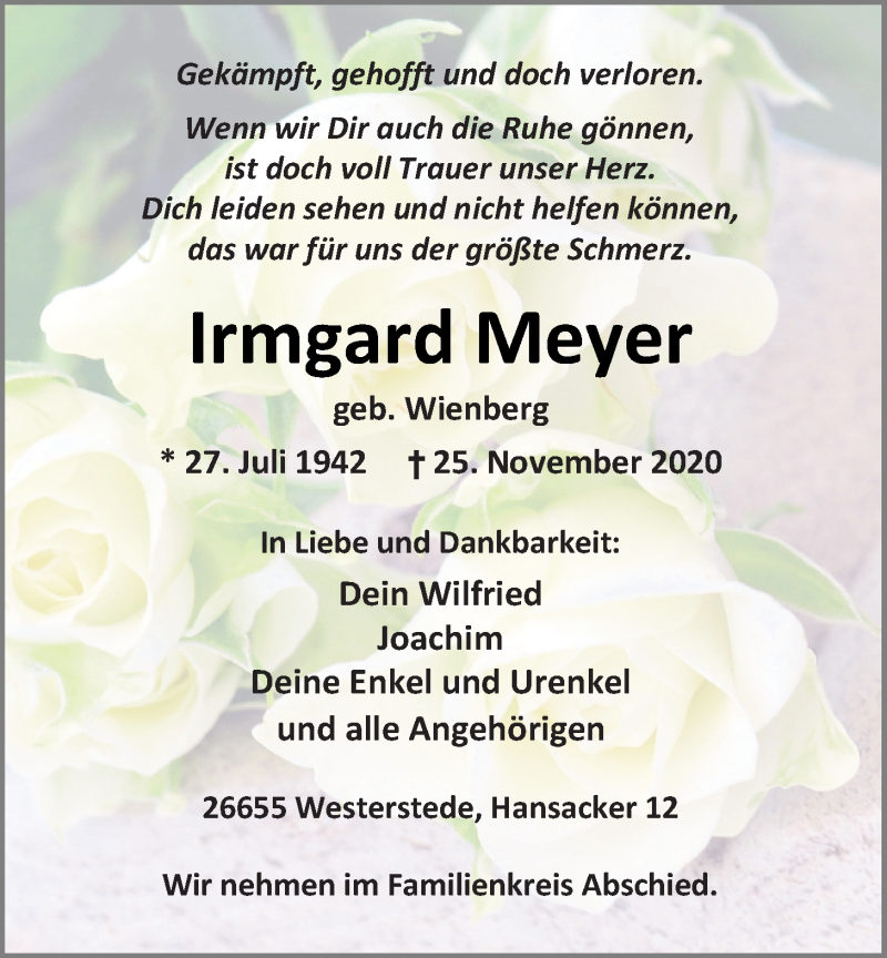  Traueranzeige für Irmgard Meyer vom 27.11.2020 aus Nordwest-Zeitung