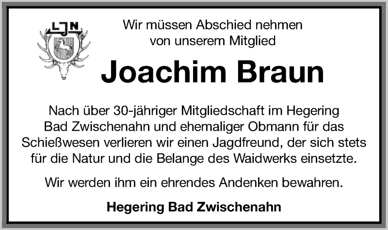  Traueranzeige für Joachim Braun vom 10.11.2020 aus Nordwest-Zeitung