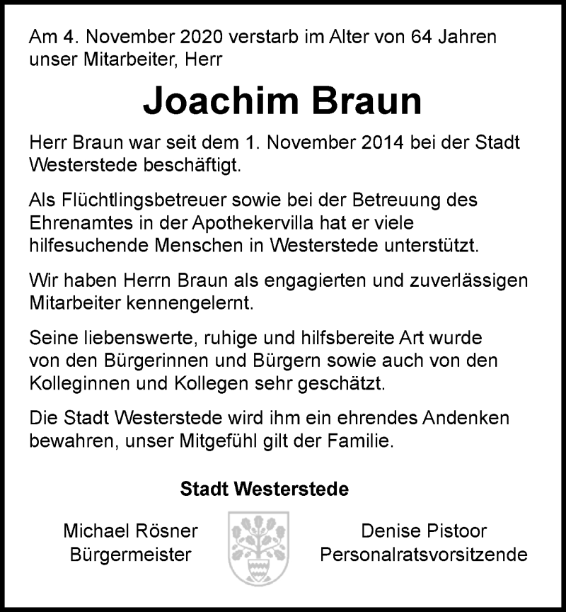  Traueranzeige für Joachim Braun vom 07.11.2020 aus Nordwest-Zeitung