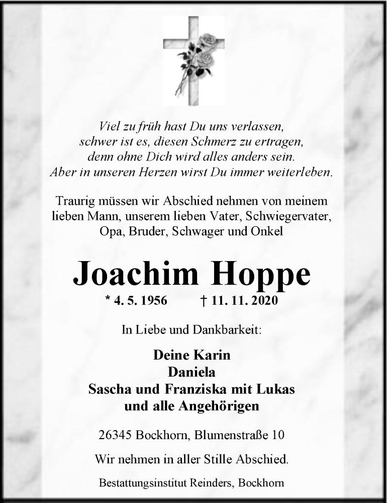 Traueranzeige für Joachim Hoppe vom 17.11.2020 aus Nordwest-Zeitung