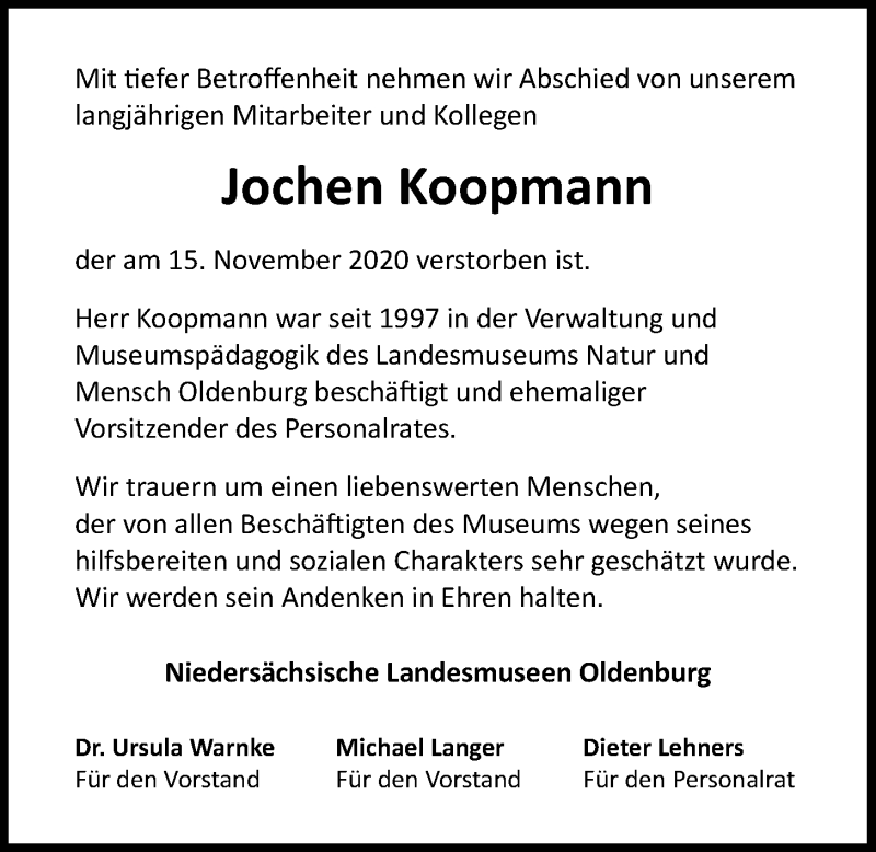  Traueranzeige für Jochen Koopmann vom 21.11.2020 aus Nordwest-Zeitung