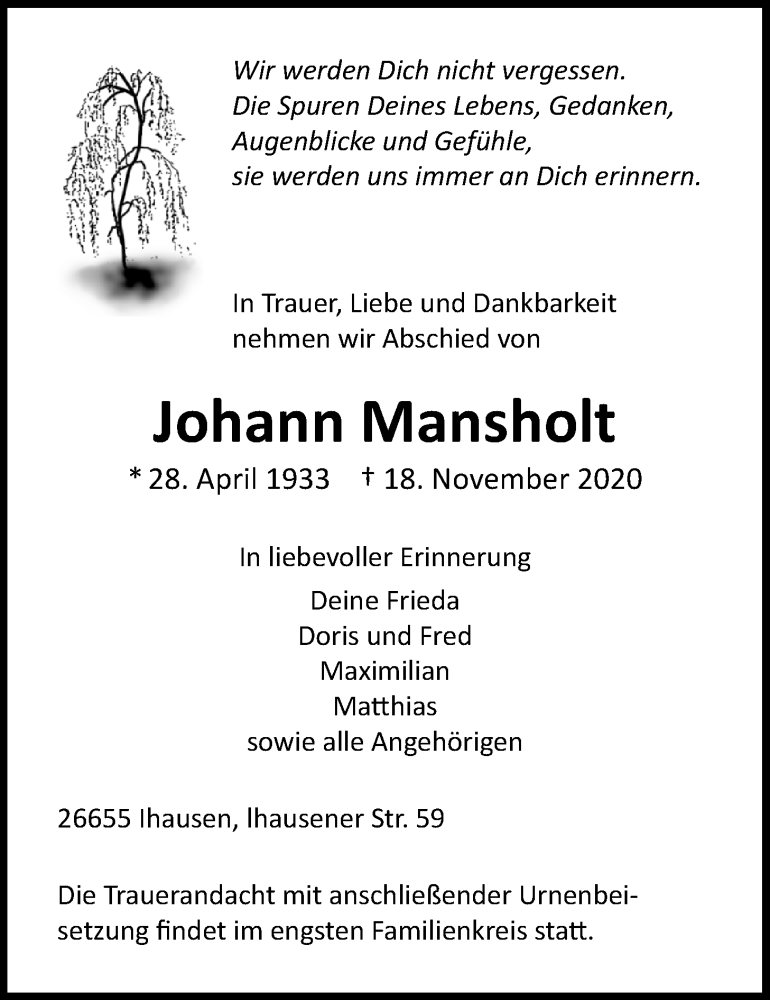  Traueranzeige für Johann Mansholt vom 21.11.2020 aus Nordwest-Zeitung