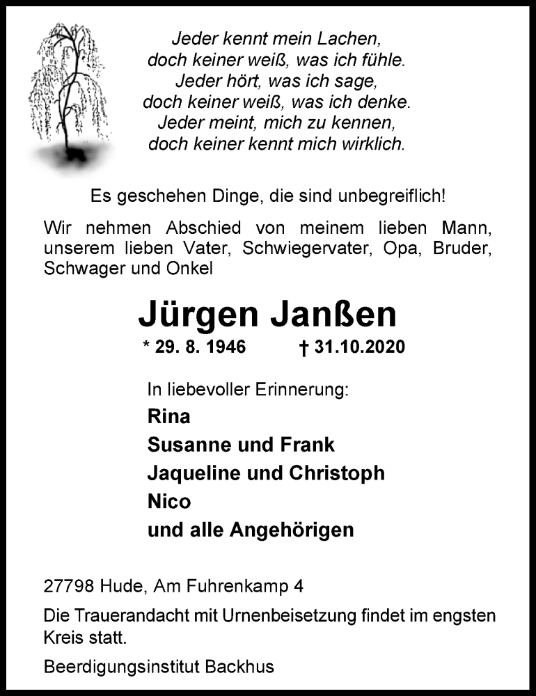 Traueranzeige für Jürgen Janßen vom 05.11.2020 aus Nordwest-Zeitung