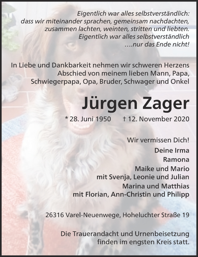  Traueranzeige für Jürgen Zager vom 21.11.2020 aus Nordwest-Zeitung