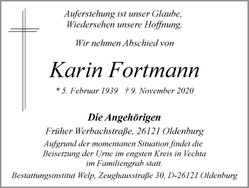 Traueranzeige von Karin Fortmann von Nordwest-Zeitung