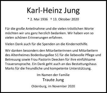 Traueranzeige von Karl-Heinz Jung von Nordwest-Zeitung