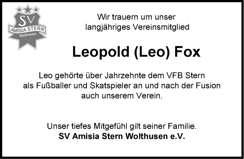  Traueranzeige für Leopold Fox vom 20.11.2020 aus Emder Zeitung