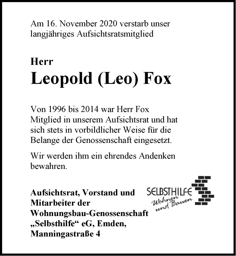  Traueranzeige für Leopold Fox vom 20.11.2020 aus Emder Zeitung