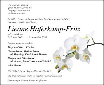 Traueranzeige von Lieane Haferkamp-Fritz von Nordwest-Zeitung
